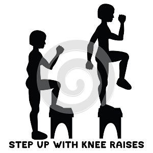 Step up with knee raises. Sport exersice. Silhouettes of woman doing exercise. Workout, training