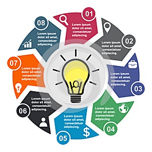 8 step vector element in eight colors with labels, infographic diagram. Business concept of 8 steps or options with light bulb