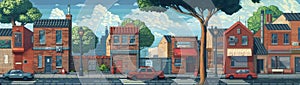 Pixel Art City Landscape, Video Game Platformer Asset, 8bit Retro Urban Street, Side-scroller Side View Pixelated Buildings photo