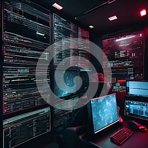 a room with many monitors and a red sign that says on the screen Into the Matrix Immersive Journey photo