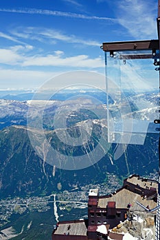 `Step into the Void` glass box on the Aiguille Du Midi 3842m mountain top above Chamonix
