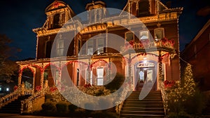 Enchanting Holiday Grandeur: Mesmerizing Nighttime Photo of Victorian Mansion's Decorated Entrance