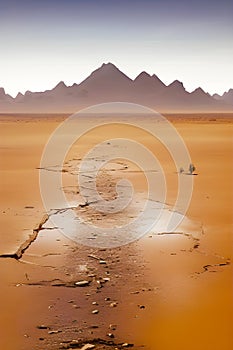 Post apocalyptic desert with puddles against mountains generated by ai photo