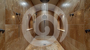 Step into your own personal spa with this stunning walkin shower showcasing elegant marble tiling and a cascading photo