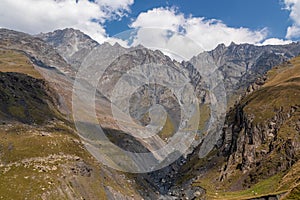 Stepantsminda - Amazing view on ridges in the Greater Caucasus Mountains in Georgia.