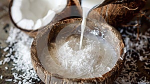 A stepbystep demonstration of how to make coconut milk from freshly grated coconut photo