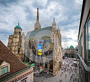 Stephansplatz and Stephansdom cathedral in Vienna above the city downtown and the main city square in Austria