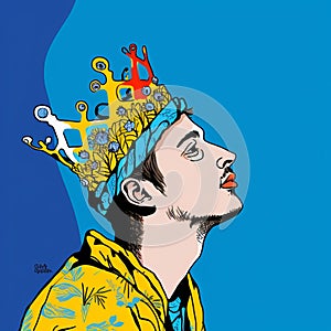 Eclectic Pop-art: Crownwearing Man On Blue Surface With Gothic Illustration And Memphis Design photo