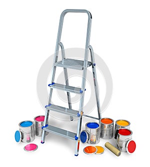 Stepladder with cans of color paint