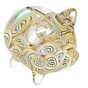 STEPN (GMT) Clear Glass piggy bank with decreasing piles of crypto coins.