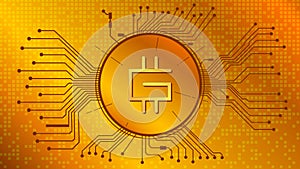 Stepn GMT cryptocurrency token symbol in circle with PCB tracks on gold background. Digital currency coin icon in techno style for