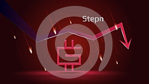 Stepn GMT in downtrend and price falls down on dark red background. Cryptocurrency coin symbol and red down arrow with falling