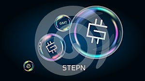 Stepn GMT token symbol in soap bubble. The financial pyramid will burst soon and destroyed