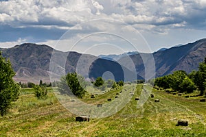 Steppe landscapes of Kazakhstan. Sky with clouds over the mountains