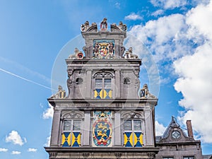 Stepped gable and coat of arms of former Statencollege, now Westfries Museum, Hoorn, Netherlands