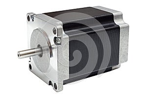 Stepper motor of CNC linear axis drive on white background