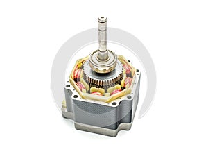 Stepper motor, disassembled, on white