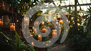 Stepping into a greenhouse filled with hanging candles creating an ethereal atmosphere of earthy scents and soft light