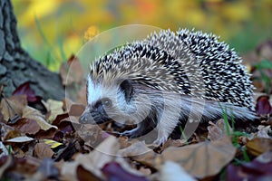 stepping quietly, coming across a hedgehog snuffling leaves