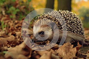 stepping quietly, coming across a hedgehog snuffling leaves