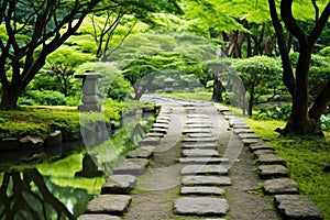 stepping-stone path across a peaceful zen garden