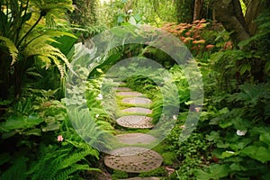 stepping stone path leading to a secret garden, surrounded by lush greenery