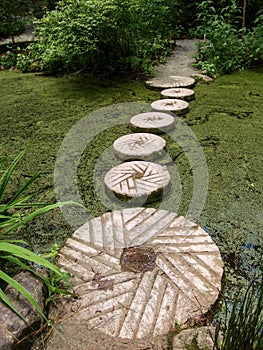 Stepping Stones across Pollen Covered Pond at Sarah P. Duke Gardens in Durham, North Carolina