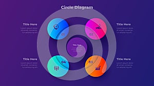 4 Steps Circle Diagram Presentation Template with Four Step Process Options on Dark Background Vector