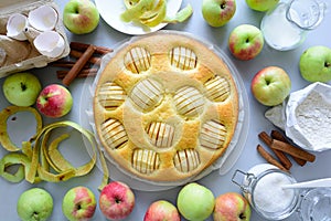 Steps of cooking apple pie. Fresh harvest apples, cinnamon, flour, sugar, butter, eggs, milk and baking mold