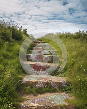 Steps of defaced rock now covered in forgetmenots and hollyhocks revealed the forgotten paths of this battlefield