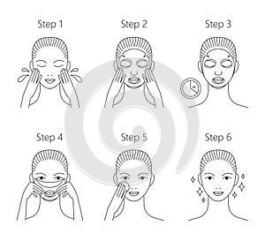 Steps how to apply facial mask. Vector illustrations se