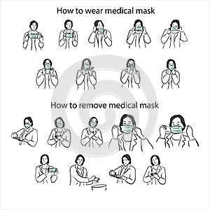 Steps by steps how to wear medical mask and how to remove medical mask vector illustration sketch doodle hand drawn with black