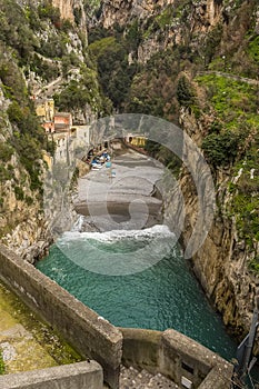 The steps leading down to the fjord and ravine at Fiordo di Furore on the Amalfi Coast, Italy