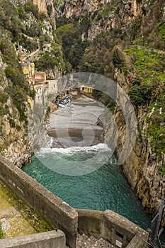 The steps leading down to the fjord and ravine at Fiordo di Furore on the Amalfi Coast, Italy photo