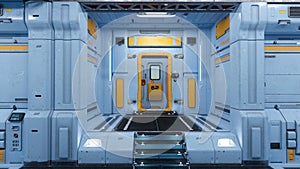 Steps leading to a closed door in a futuristic space station interior with blue metallic walls. 3D illustration