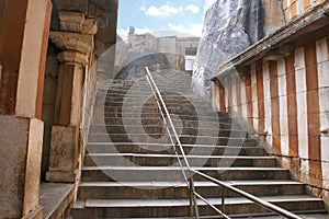 Steps leading to the entrance of the Gomateshwara temple, Vindhyagiri Hill, Shravanbelgola, Karnataka. photo