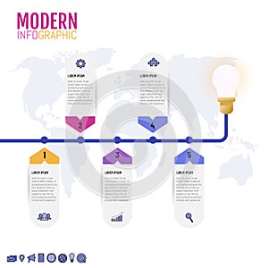 Business infographic template for business timeline concepts with 5 steps and light bulb, vector