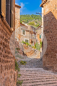 Steps at old rustic village Fornalutx on Majorca island, Spain