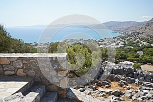 Steps with railings lead to the Church of Prophet Elias. Pefkos or Pefki, Rhodes Island, Greece