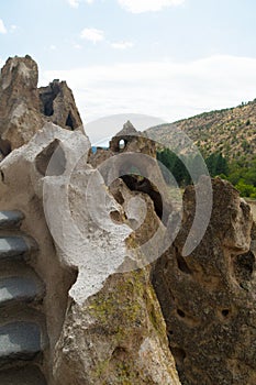 Steps on rock formations in Frijoles canyon of Bandelier Park