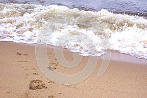 Steps on the sand on the beach, going to the wave