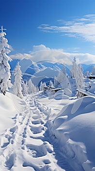 Steps in snow Climbing hill leaves human footprints amidst pristine wintry scenery