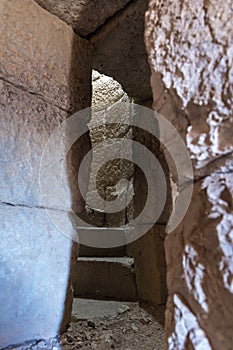 Steps of the spiral staircase connecting the upper and lower tiers in Nimrod Fortress located in Upper Galilee in northern Israel