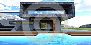 The steps of the stairs are visible below the surface of the water in the pool of an advanced technological villa for self- photo