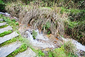 steps and stream on slope of hill near Tiantouzhai