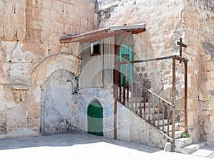 Steps to the extension in the courtyard of the Dome in Ethiopian monastery near the Church of the Holy Sepulchre in the old city o