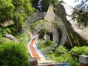 Steps to go to top of mountain with big granite rocks and wild plants