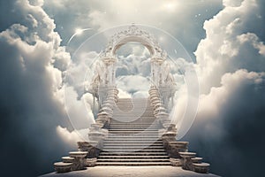 Steps to Heaven, a staircase in the clouds leads to the gates of Heaven generative AI