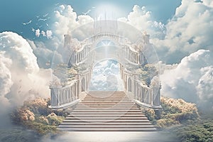 Steps to Heaven, a staircase in the clouds leads to the gates of Heaven generative AI