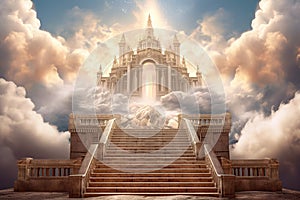 Steps to Heaven, a staircase in the clouds leads to the gates of Heaven generative AI